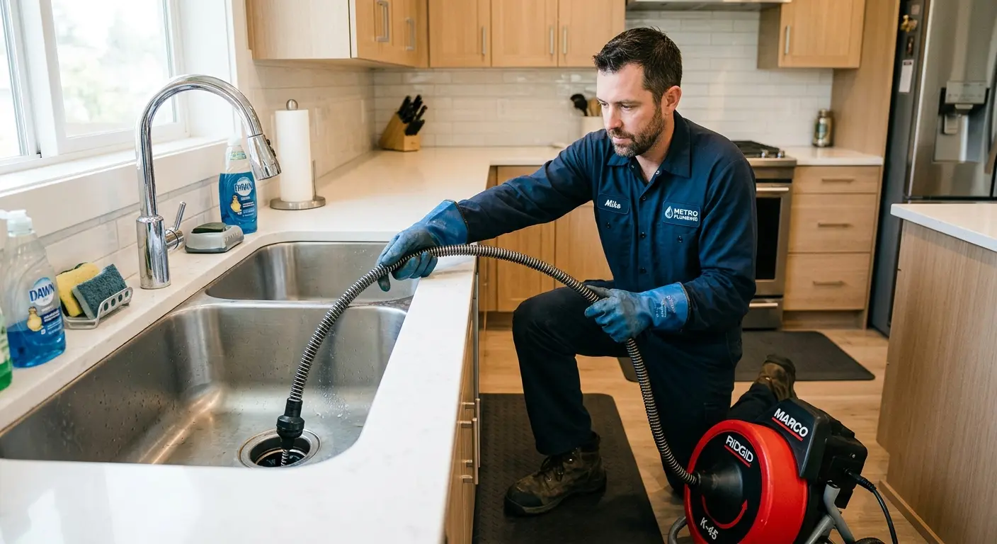 Drain cleaning technician using a motorized snake on a kitchen sink in Oroville East