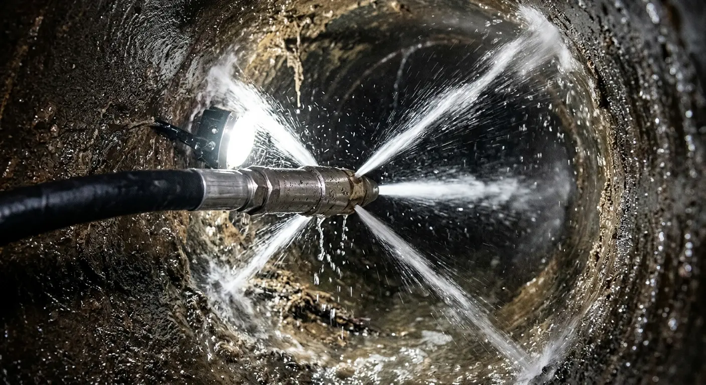 High-pressure hydro jetting nozzle cleaning sewer pipe for Trenchless Sewer Repair in Oroville East