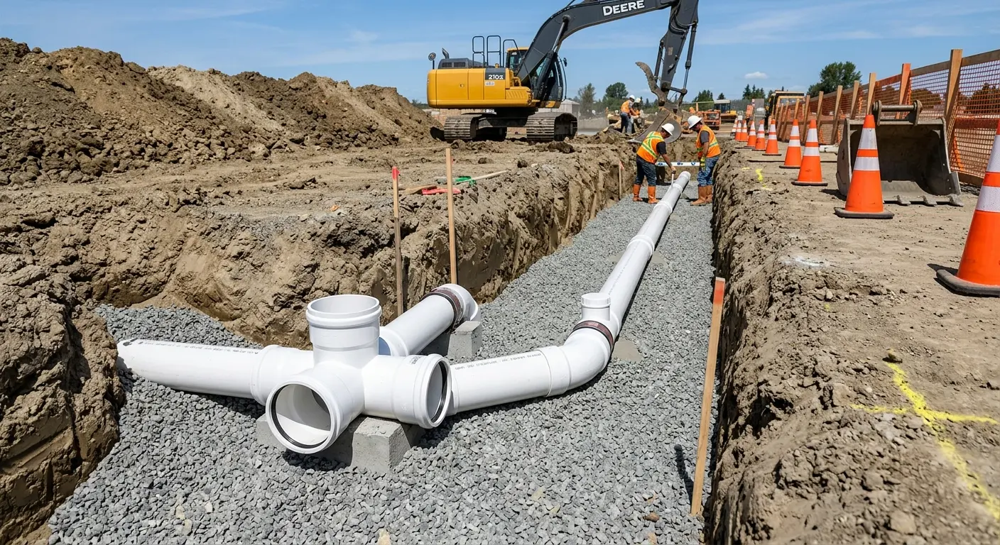 New PVC sewer pipe installation in open trench for Commercial Drain Cleaning in Oroville East