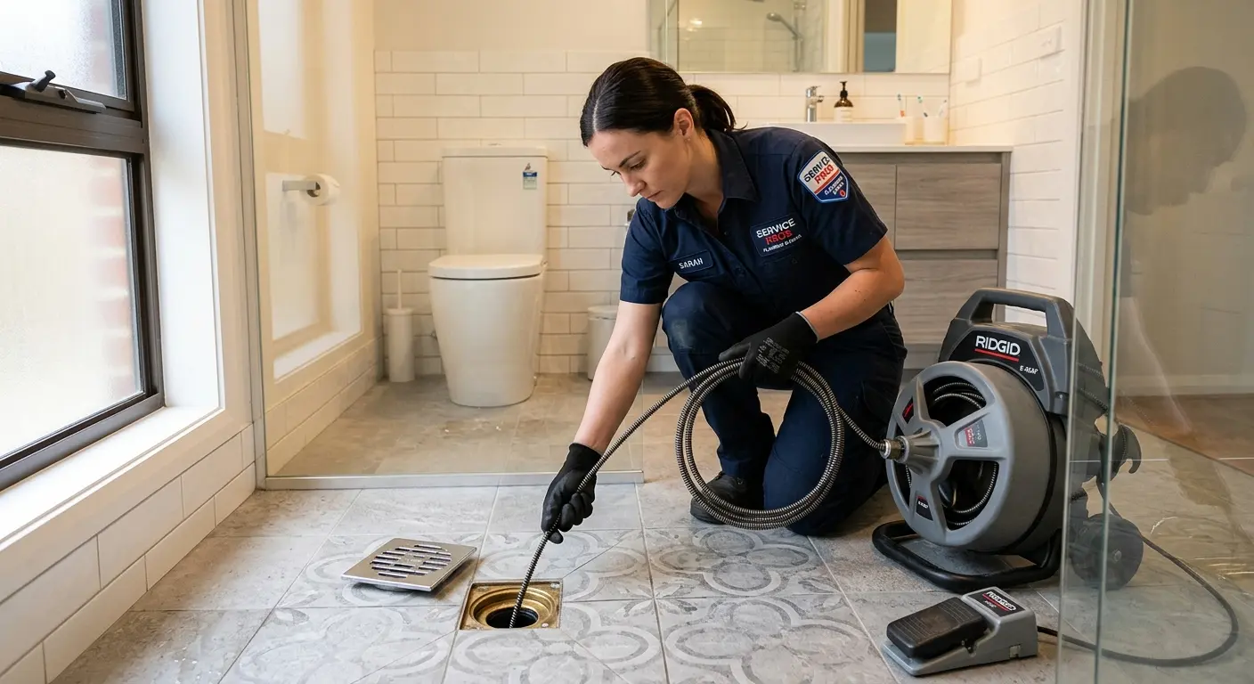 Technician clearing a bathroom floor drain for Sewer Line Replacement in Oroville East